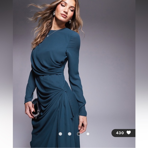 Elegant Teal Long Sleeve Gown - Picture 2 of 7